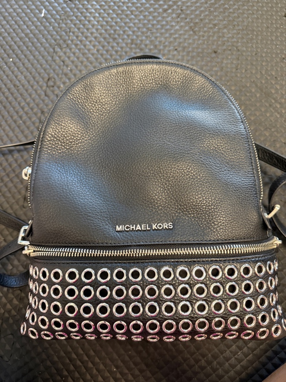 Michael Kors Black Leather Mini Backpack with Silver Grommet Trim